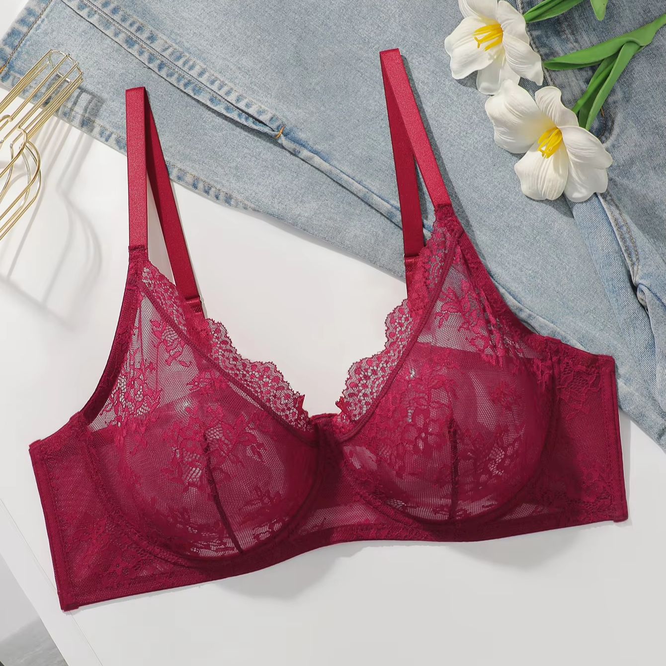 Reggiseno in pizzo rosso trasp - Sheer Mesh Bra recensione e prezzo